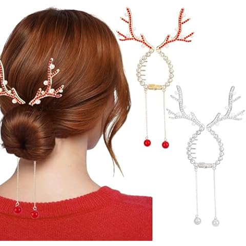 Christmas Hair Accessories, Hapdoo 2Pcs Christmas Reindeer Hair Claw Clips for Women Ponytail Bun Holder, Xmas Holiday Gifts Red Hair Decorative Styling Accessories for Stocking Stuffers, New Year Cover