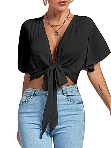 Image of LYANER Women's Sexy Deep V Neck Tie Front Wrap Cropped Blouse Bell Short Sleeve Ruffle Crop Tops