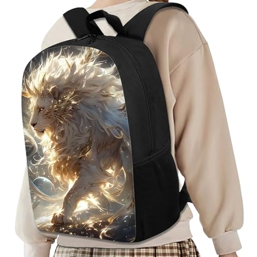 Classic Ethereal Lion Backpack with Elastic Side Pockets Sturdy School Bookbag for Boys Girls Novelty Print 17 Inch Large Capacity Student Backpack White2