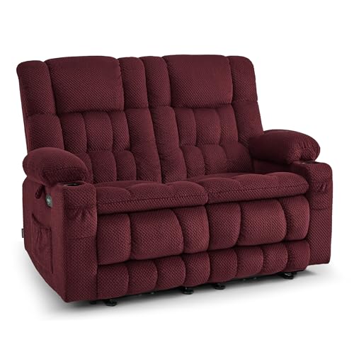 MCombo 57" Power Loveseat Recliner, Electric Reclining Loveseat Sofa with Heat and Vibration, Cupholders, USB Charge Ports for Living Room 6314 (Burgundy, Loveseat)