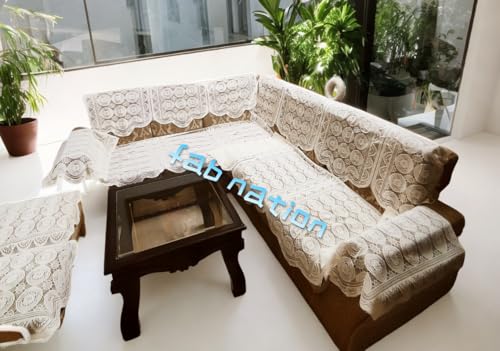 Image of Fab Nation Cotton L Shape Sofa Covers for 6 Seater Sofa Set | Sofa Slipcovers for 3 + 3 Seaters Cover with 2 Arms + 2 Setty Covers | Cream /Off-White