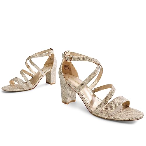 Image of DREAM PAIRS Women's Block Chunky Heels Sandals Open Toe Ankle Strappy Comfortable Dressy Sandals for Bridal Wedding Prom Party with Adjustable Cross Strap,Size 9.5,Gold /Glitter,MADISON