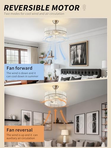 Image of SYDACG 20 inch Silver and Clear Crystal Fandelier Ceiling Fan with Light, Mid-Century Chandelier Ceiling Fan with Light Remote Control, 6 Speeds for Bedroom, Nursery, Living Room