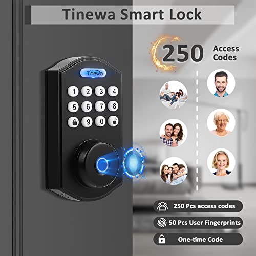 Tinewa Black Keyless Fingerprint Entry Door Lock, Electronic Password Keypad Deadbolt With App, Biometric Smart Locks For Front Door, Auto Lock, App Control, Easy Installation #TOP1