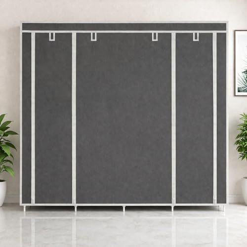 Image of Whitecloud Portable Collapsible Wardrobe, 12-Shelf Foldable Almirah with Fancy Layer Racks | Grey Cloth Storage Cupboard & Plastic Frame Organizer (88370)