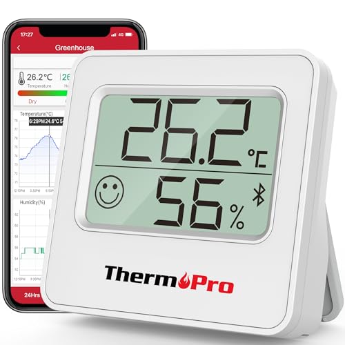 ThermoPro TP357 80m Bluetooth Hygrometer Innen Raumthermometer Digital mit APP Mini Luftfeuchtigkeitsmesser mit Smiley-Indikator Datengrafik für...