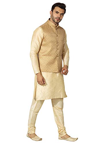 Image of Uri and MacKenzie Men's Silk Blend Regular Kurta Churidar Pyjama with Bundi Nehru Jacket /Waistcoat