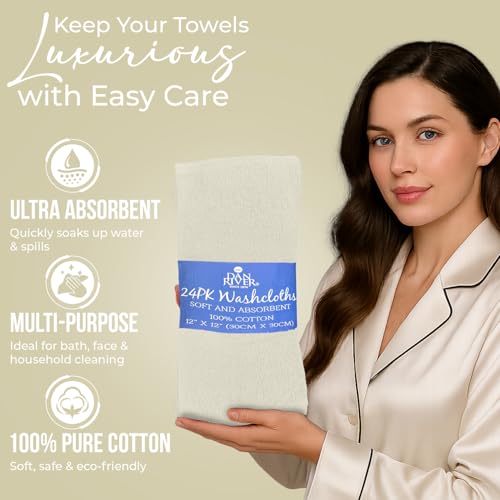 Image of DAN RIVER 24 Pack Wash Cloths for Showering [12x12] - 100% Cotton Washcloths Premium Quality Flannel Face Cloths for Bathroom, Highly Absorbent and Soft Feel Wash Clothes, Ivory