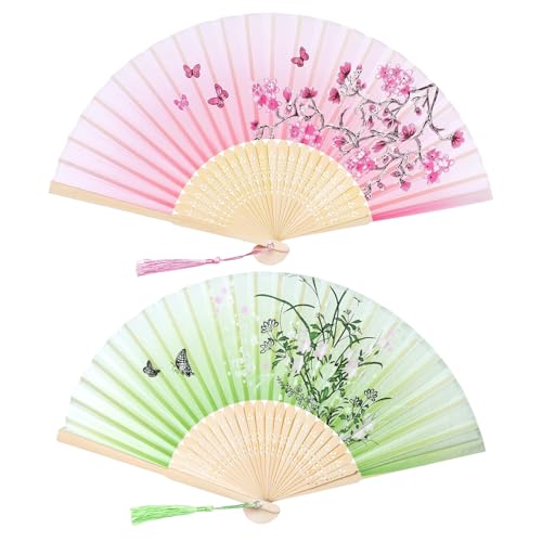 Image of 2PCS Chinese Fan for Hand, Hand Fan Manual, Japanese Fan Hand Fan Foldable Fans Silk Folding Fans with Bamboo Frames for Dancing Wedding Party Decoration Pink Floral