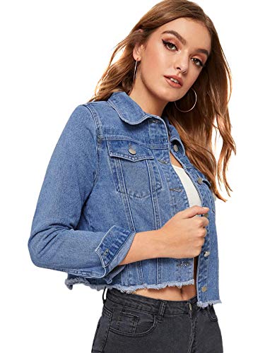 Romwe Women's Casual Long Sleeve Pockets Washed Distressed Denim Jean Jacket Blue# Large