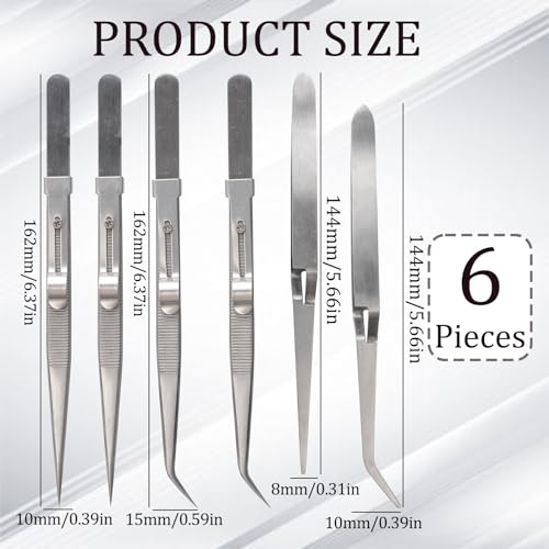 WANDIC 6 Pcs Stainless Steel Tweezers, Bent Cross Locking Tweezers Non-Slip Grip Tweezers for Electronics Laboratory Jewelry Craft - Image 2