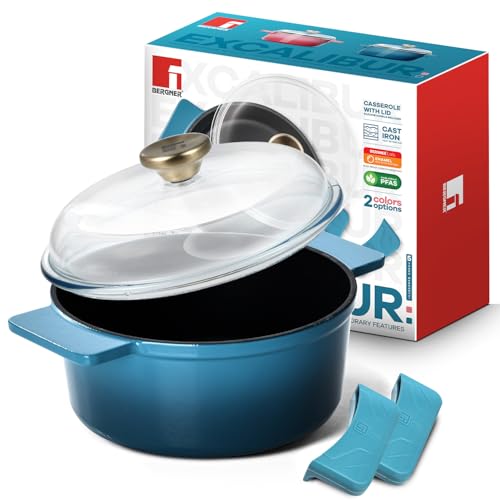 Image of Bergner Excalibur Lightweight Cast Iron Dutch Oven /Biryani Pot /Casserole with Glass Lid, 20cm (2.3L), Non-Stick Coating, PFAS Free, Elegant Design, Silicone Grips, Induction and Gas Stove Ready (Blue)