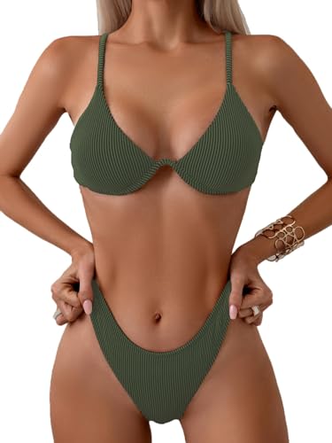Image of Fanuerg Women Underwire Triangle Bikini Spaghetti Strap Push Up Swimsuit Cheeky Two Piece Bathing Suit