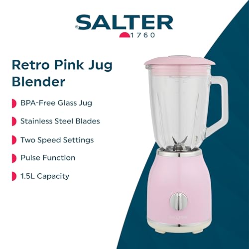 Salter Retro Pink Jug Blender - BPA-Free Detachable 1.5 Litre Glass Jug, 2 Speeds & Pulse Function, Stainless Steel Cross Blades, Smoothies & Protein Shakes, Non-Slip Base, 1000 W - Image 3