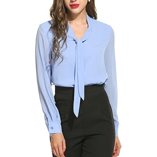 ACEVOG Chiffon Blouses Womens Long Sleeve Collared Work Blouse with Tie (Light Blue, Large)