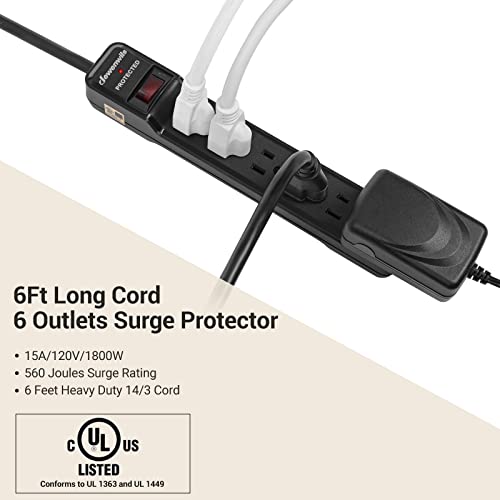 DEWENWILS 2-Pack 6-Outlet Surge Protector Power Bar, Flug Plug Power Strip with 6Ft Extension Cord Indoor, Protected Indicator Light, 15 Amp Circuit Breaker, 560 Joules, Wall Mount, Black, UL Listed