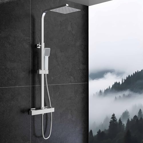 Sky Bathroom Thermostatic Shower Mixer Set | 8 Rainfall Shower & Handheld Head | Wall Mounted Bar Mixer Shower Chrome Finish | Stainless Steel Adjustable Sliding Riser Rail Kit