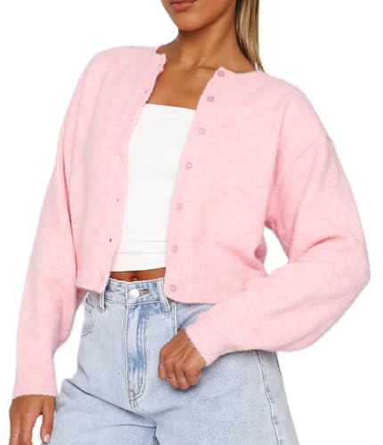 Image of Faretumiya Women Y2k Button Down Crop Sweater Cardigan Long Sleeve Open Front Crewneck Cardigan Cute Knit Pullover Tops