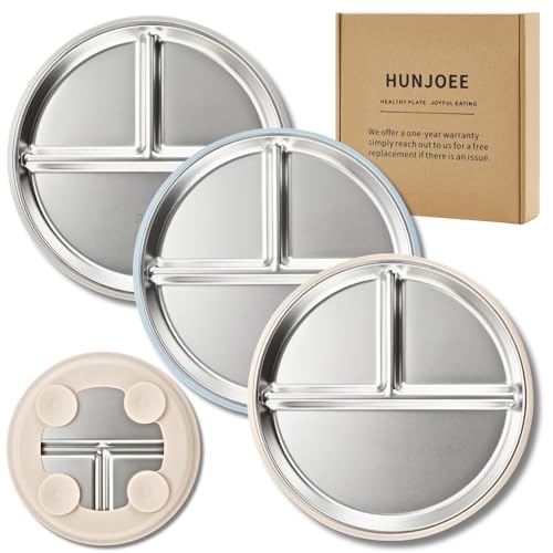 Image of 3 Pack Stainless Steel Kids Plates with Suction, Divided Toddler Plates with Silicone Sleeves for Baby Led Weaning Supplies, BPA-Free