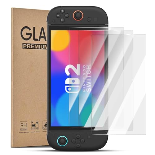 Modurio Paquete de 3 protectores de pantalla para consola Nintendo Switch 2, vidrio templado de dureza 9H con HD transparente, sin burbujas, interruptor antihuellas, 2 protectores de pantalla para