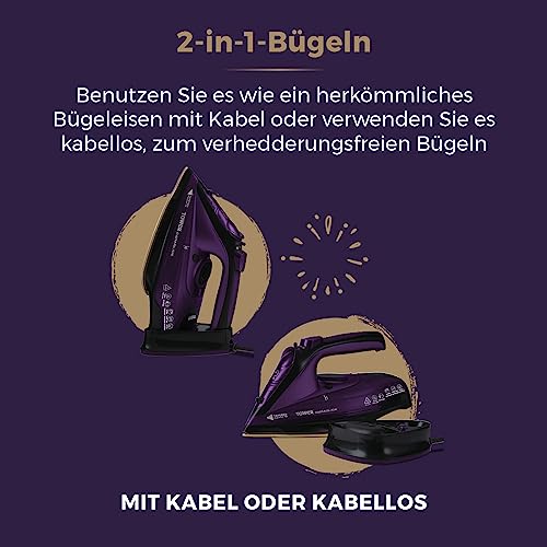 Tower T22008 CeraGlide Kabelloses Dampf Bügeleisen mit Keramiksohle - Dampfbügeleisen mit Variabler Dampffunktion, Lila – Bild 4