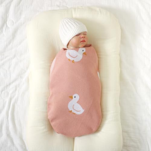 Image of mimixiong Baby Blanket Knit Receiving Boys Girls Blanket Soft Cotton Neutral Blanke for Swaddle Crib Stroller with Cute Sheep (Pink-Duck, 30x40 Inch (Pack of 1))