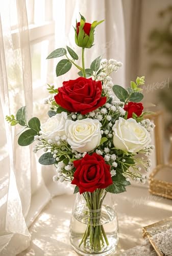 Image of Divyakosh Artificial Flowers for Home Decoration, Flora for Decor | Artificial Flowers for Vase (VASE NOT Included) Decorative Items for Living Room, Artificial Flowers Bunch 7 Roses (Red & White) |