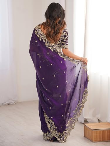Image of AKHILAM Women's Shimmer Satin Sequence Embroidery Saree With Unstitched Blouse Piece(AARYAN21401 KR Parent)