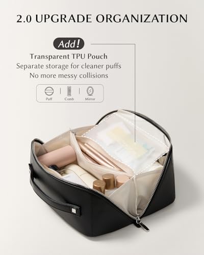 Image of EACHY Travel Makeup Bag, Large Capacity Cosmetic Bag for Women, Waterproof PU Leather, Flat Open Portable Toiletry Bag for Skincare, Brushes & Travel Essentials