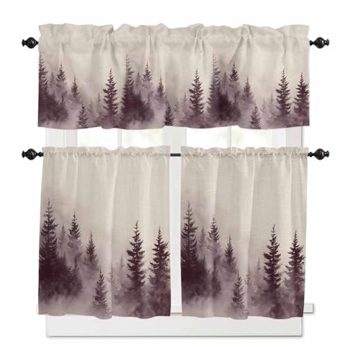 Vintage Forest Kitchen Curtains 36 Inch Length,3 Piece Rod Pocket Small Half Tiers and Valance Set,Farmhouse Pine Trees Natural Landscape Small Large Window Treatment Decor for Bedroom/Bathroom Sink