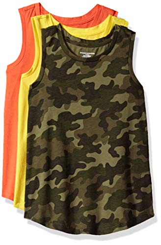 Amazon Essentials Girl's 3-Pack Tank Top, Aurora/camo Print/Living Coral, X-Small