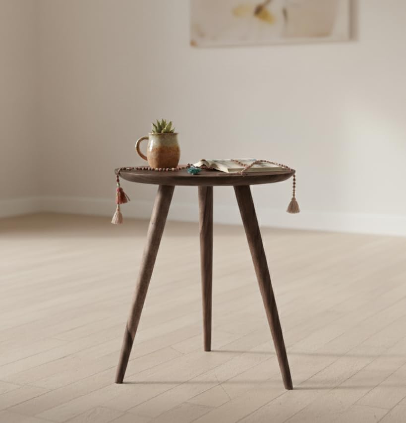 ANGEL FURNITURE Solid Sheesham Wood Tripod End Table | Stool | Side Table | Corner Table | Sofa Side Table (Walnut)