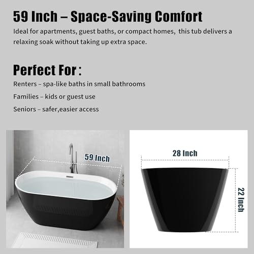 Image of 59 Inch Freestanding Bathtub Acrylic Soaking Tub with Integrated Overflow, Compact Stand Alone Tub Freestanding Tub for Small Bathroom Remodel, Deep Soaking Comfort