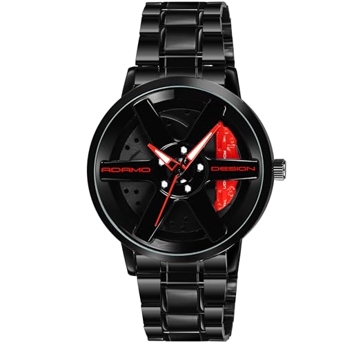 Image of ADAMO Men's New Car Wheel Watch with Rolling Creative Fashion Analog Watch, Black Dial Zink Alloy Case Men's Watch, Stainless Steel Black Color Band, Quartz Movement, Water & Scratch-Resistant