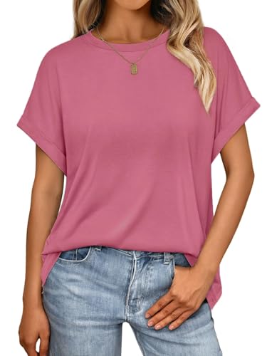 Cuptacc Tshirt Damen Sommer Kurzarm Rundhals T-Shirt Top Oversize Shirt Damen Einfarbiges Oberteil Lässig XL 46-48 Hibiskuslila