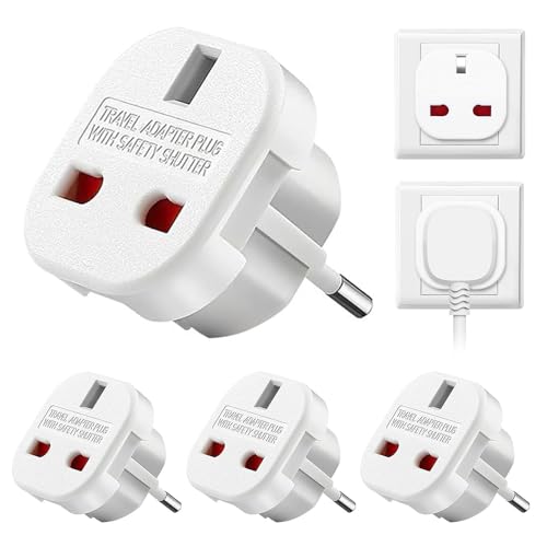 Jonuin Adaptador Enchufe UK a Europeo, 4 Piezas UK to EU Plug Adapter, Adaptador de Enchufe de UK a Enchufe Europeo, Adaptadors de Viaje UK a UE/DE/FR/IT/ES, 220-240 V, Blanco