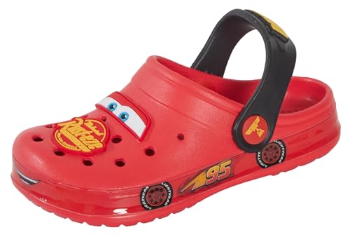 Disney Chaussures pour garçons Cars Sabots avec charmes pour enfants Sandales Lightning McQueen avec sangle de cheville Chaussures de plage, rouge/jaune, 9 UK Child