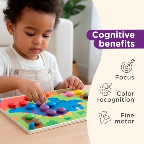 Image of Nene Toys Wooden Color Matching Button Board [Large Edition - 48 Buttons, 8 Colors] - Montessori Pegboard Puzzle for Toddlers 2+ - Fine Motor Skills Toy with 12 Matching Cards for Kids Ages 2 3 4