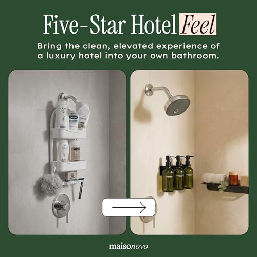 Image of Shampoo and Conditioner Dispenser Wall Mounted Set of 3 Green - No Drill Shower Soap Dispenser for Bathroom Refillable - Spa Hotel Style Accessories by MaisoNovo