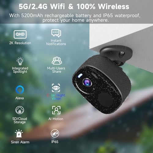 4PC 5G/2.4G Security Cameras Wireless Outdoor,2K Battery Powered Camera for Home Security,WiFi Home Indoor Camera with AI Motion Detection,Siren, Color Night Vision,2-Way Talk, IP65, SD/Cloud,Alexa