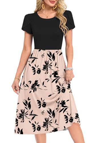 MOLERANI Kleider Damen Sommer - Rundhals Kurzarm Freizeit Kleider Hohe Taille Strandkleid mit Taschen Schattenblume L 2