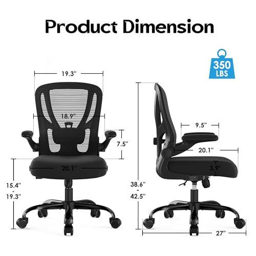 Office Chair Ergonomic Desk Chair - Mesh Computer Chair Breathable Task Chair with Wheels Adjustable Lumbar Support Home Desk Office Chairs with Flip up Armrest Executive Rolling Swivel Black - Image 4