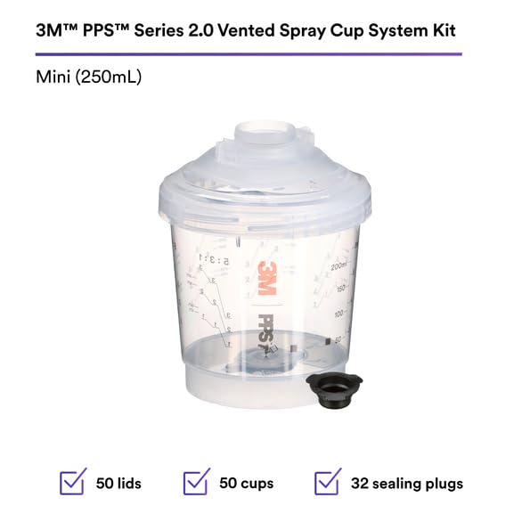 Image of 3M PPS Series 2.0 Vented Spray Cup Kit, Mini, 26261, Ready to Use Vented Cup, Includes 8.5 fl oz Cup, Lids with a 200 Micron Filter Built in for Easy-to-use for Automotive