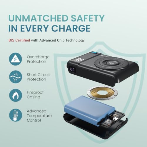 Image of Portronics Power Shutter Air 20K 20000mAh 15W Magnetic Wireless Fast Charging Powerbank with in-Built Type C Lanyard Cable, qi2 Certified, 22.5W Type C PD Output, Type C Bidirectional Port (Black)