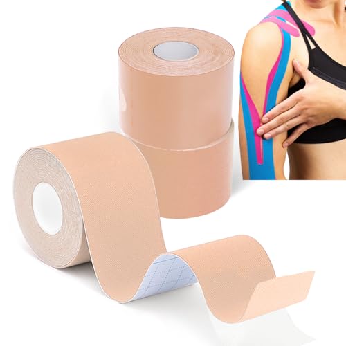 Grunda- kinesio tape Beige 3 Rollos 5 m x 5 cm, Impermeable esparadrapo deportivo, transpirable cinta kinesiologica y 7 días de adherencia, Elásticas trans tape, hipoalergénico tiras fisioterapia