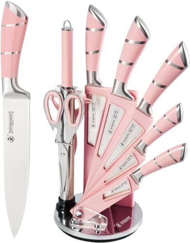 Kitchen Knife Set 9-Pieces Pink Sharp Non-Stick Coated Chef Knives Block Set Stainless Steel Knife Set for Kitchen with Sharpener for Cutting Slicing Dicing Chopping