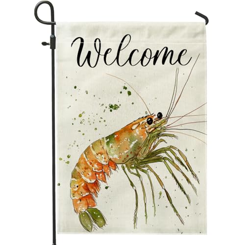 Funny Coastal Shrimp Garden Flags 12”x18” Double Sided for Outside Decorative, Cool Watercolor Prawn Front Yard Small Canvas House Flags, Ocean Life Burlap Backyard Lawn Flags for Outdoor