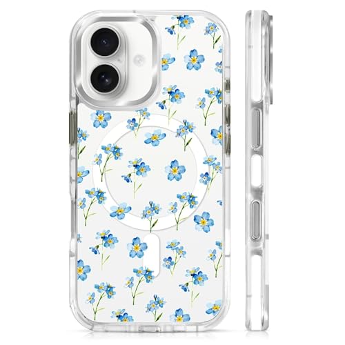 Coque iPhone 17 MagSafe transparente rigide protection antichoc motif floral bleu mignon