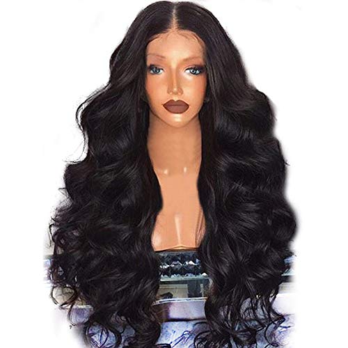 ETHY Black Synthetic Wigs, Natural Looking Long Wavy Middle Side Parting No-Lace Women Wigs Used For Parties Or Daily Adjustable Size No Stitches Or Tape Required(Length:25.59-26.77inch)