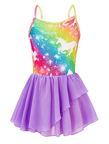 Sharkiller Camisole Dress Ballet Dance Leotard Sparkly Unicorn Rainbow Gymnastic Skirt for Girls Age 6-7